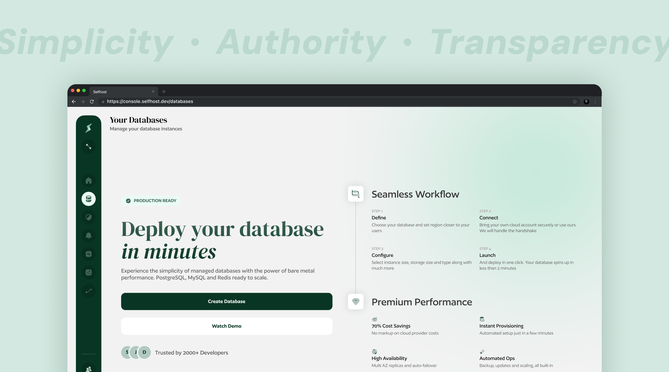 managed vs self hosted database platform interface showing simplified deployment, full control, and modern database management workflow
