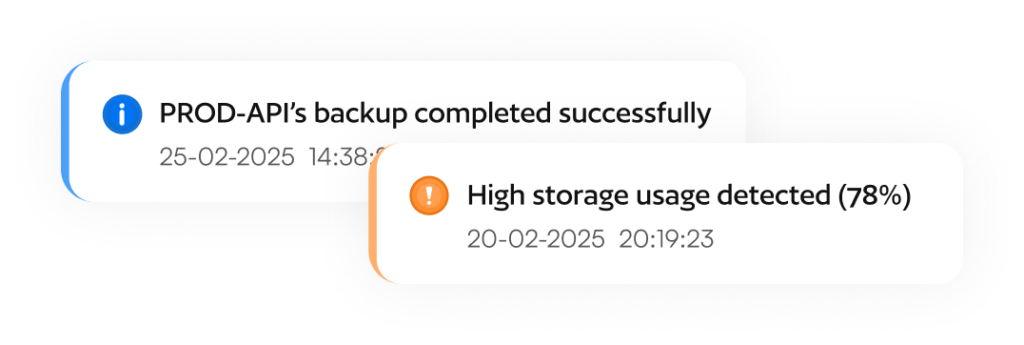 SelfHost notification cards showing successful backup completion and high storage usage warning alert with timestamps