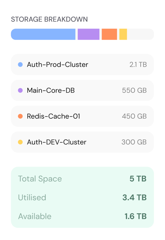 SelfHost storage breakdown chart showing 4 database instances consuming 5TB total storage - Auth-Prod-Cluster (2.1TB), Main-Core-DB (550GB), Redis-Cache-01 (450GB), Auth-DEV-Cluster (300GB) - with 3.4TB utilized and 1.6TB available
