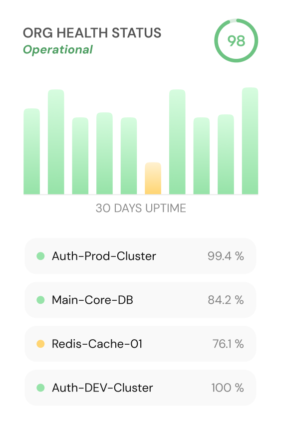 SelfHost organization health status dashboard showing 98 overall health score with 30-day uptime bar chart and individual instance availability: Auth-Prod-Cluster (99.4%), Main-Core-DB (84.2%), Redis-Cache-01 (76.1%), Auth-DEV-Cluster (100%)